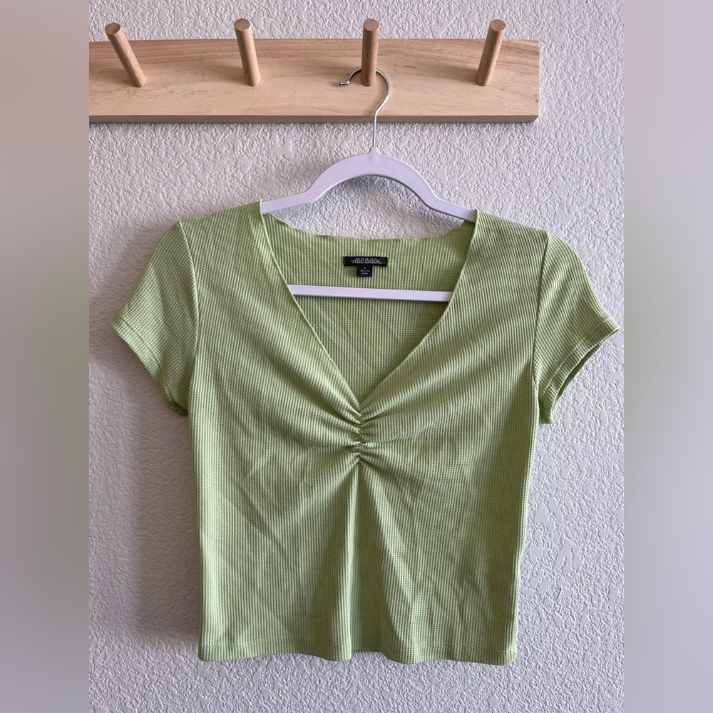wild fable Light Green Ribbed V-Neck Short Sleeve Top
